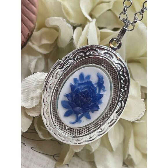 BLUE Navy Rose White Mothers Day Cameo Locket Silver Easter Daughter Wedding - Picture 1 of 9